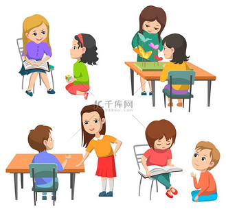 男孩学生卡通图片素材_学生矢量孩子们两人一组说话和工作男孩和女孩