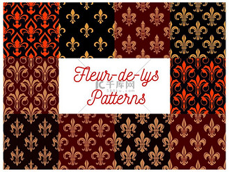 fleur-de-lis 无缝图案与一组带有法国皇家百合花和叶卷的花卉装饰品