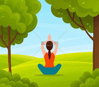 年轻女子,背影,坐在地毯上,在乡村,绿地的背景下做瑜伽.