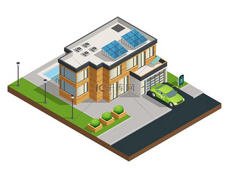 绿色环保屋等距图屋顶上有太阳能电池板的大型现代绿色生态屋美丽整洁的庭院车库和游泳池等距矢量图