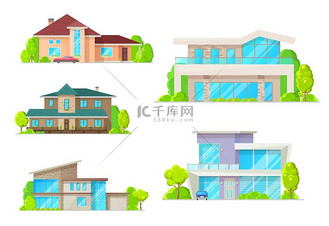 cad平立面图片素材_私人住宅和住宅，住宅房地产矢量平面立面图标。