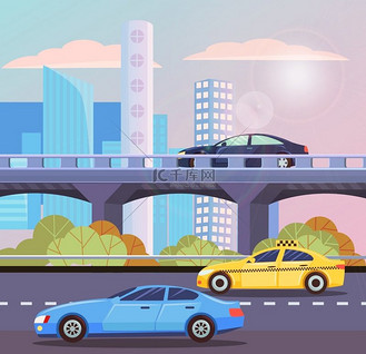 汽车在城市的公路和高速公路上行驶。