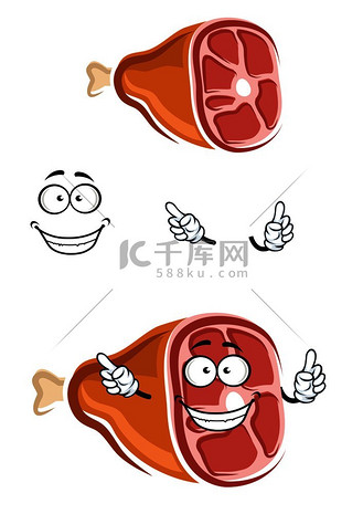 带骨头的卡通新鲜猪腿角色,适用于肉店或食品主题设计.