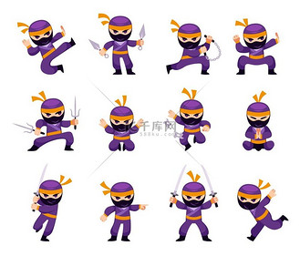 卡通忍者男子在不同的动作和战斗中摆出空手道姿势戴着面具的日本武士