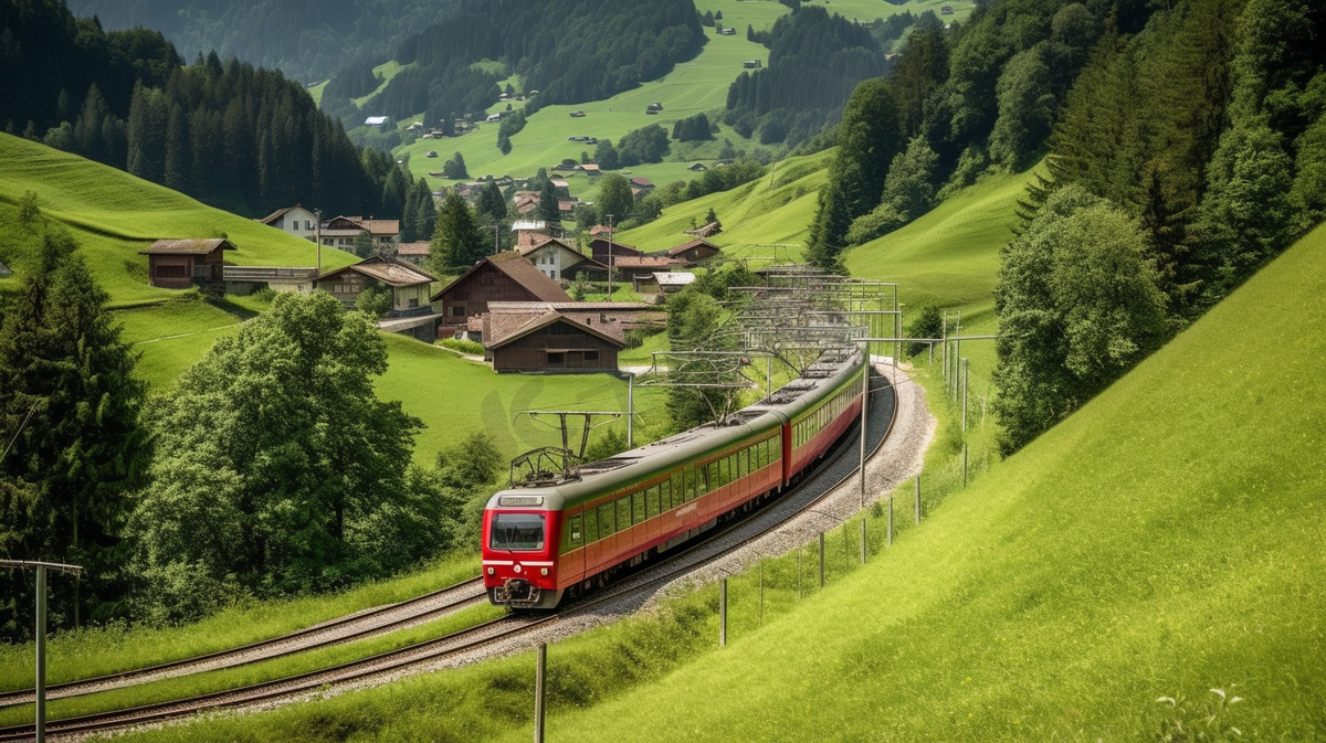 夏天，一列红色的长火车穿过瑞士阿尔卑斯山附近的绿色山谷，图片