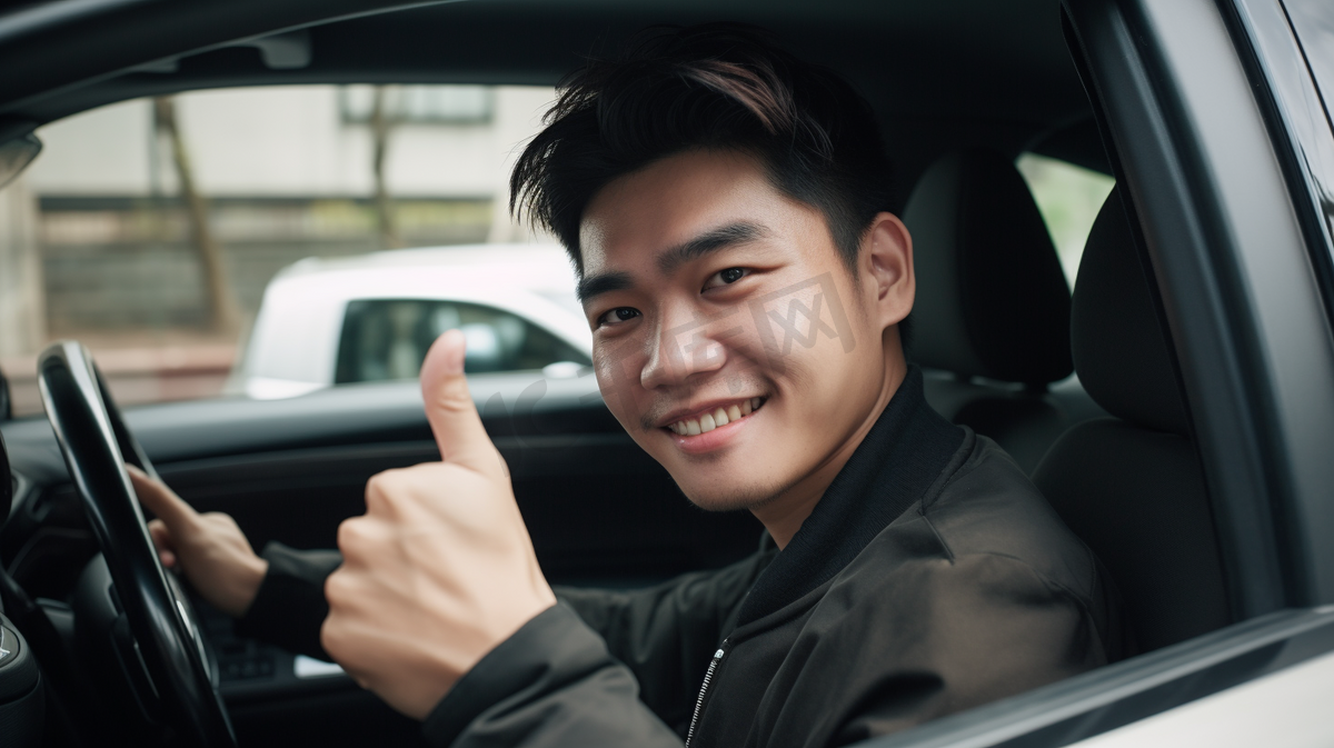 年轻的亚洲帅哥微笑着，在他的车里竖起大拇指
图片