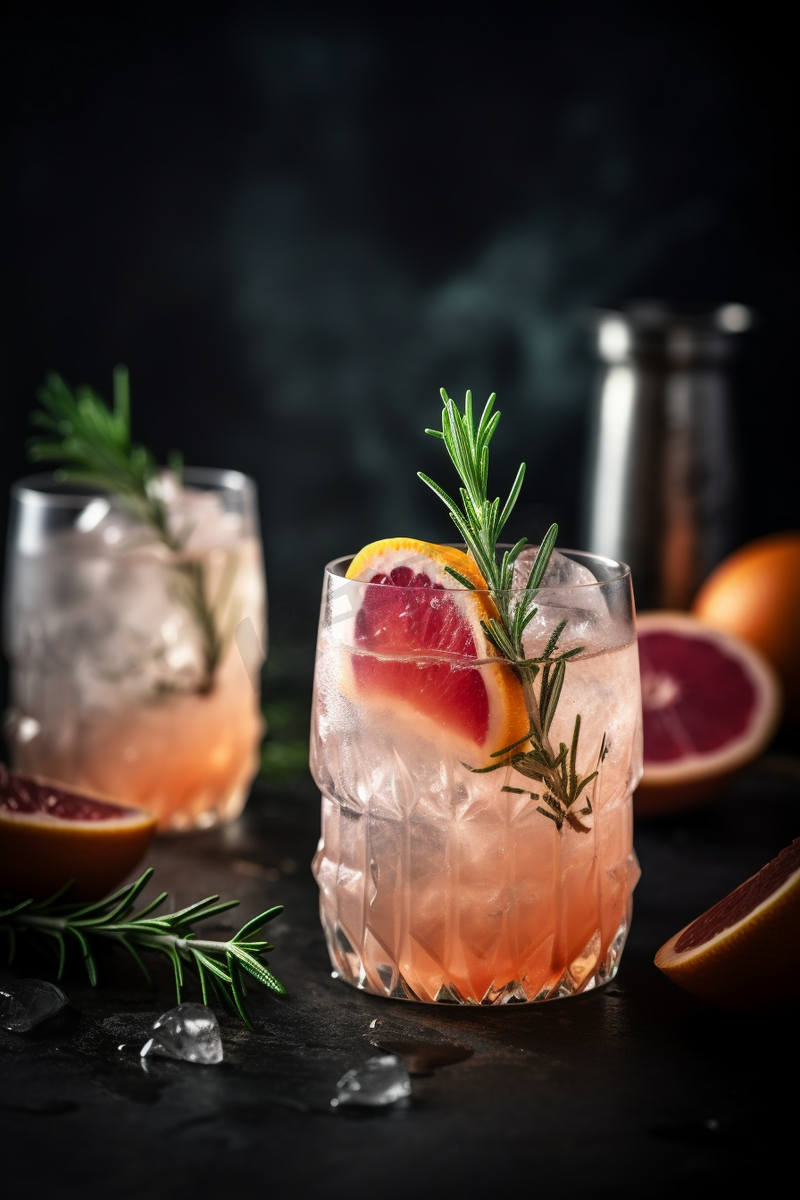 酒精鸡尾酒与葡萄柚苏打冰杜松子酒和迷迭香黑石背景选择性焦点
图片
