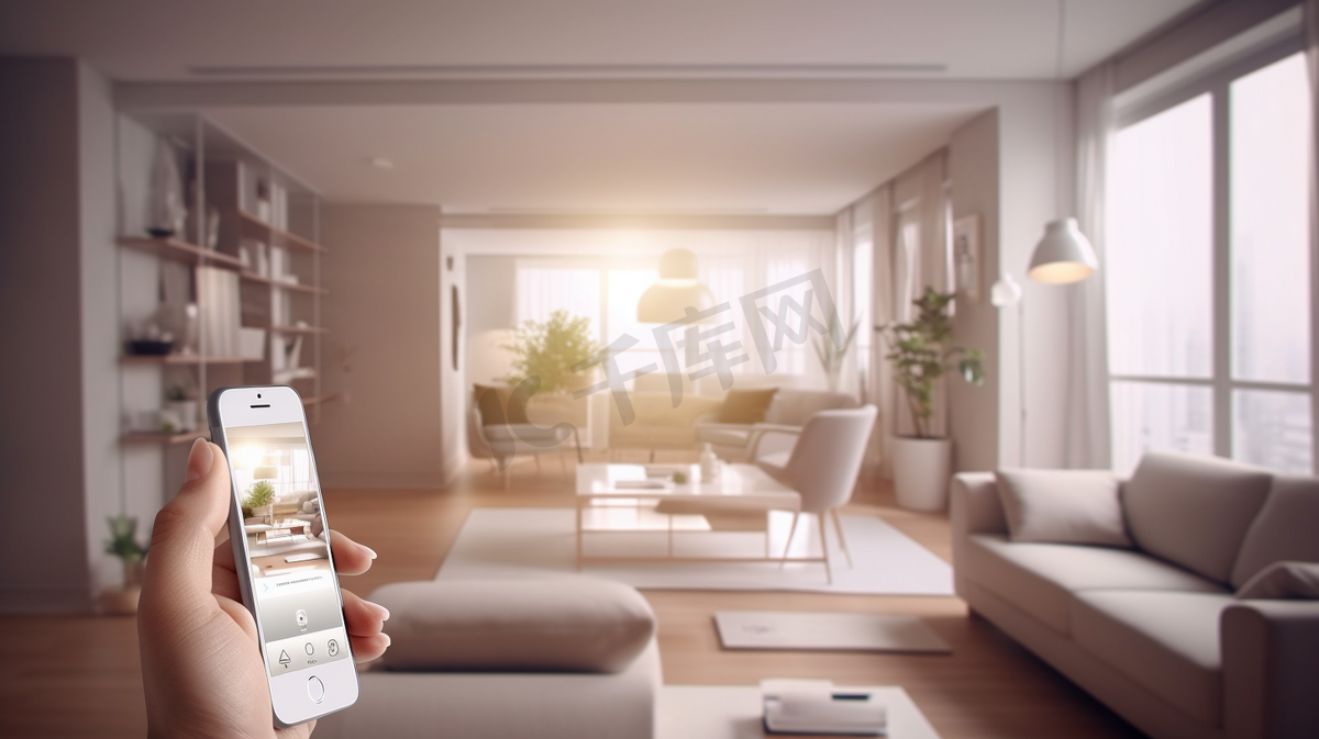 智能家居技术界面手机app增强现实物联网客厅室内设计物联网女性手持遥控装置3d插画图片