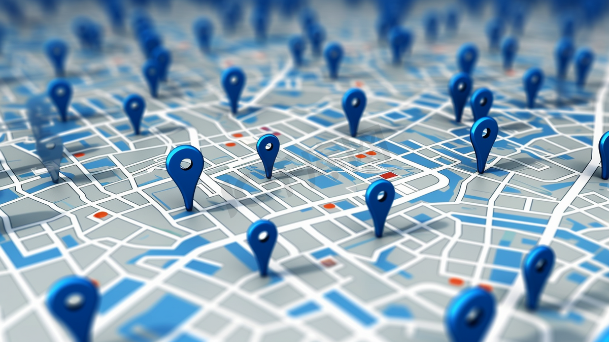 蓝色定位针标志图标和gps导航地图道路方向或互联网搜索栏技术符号在位置地点背景与寻找路线标志旅行目的地导航仪。3 d渲染。
图片