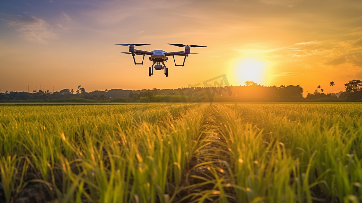 日落时分，农业无人机在稻田上飞行图片