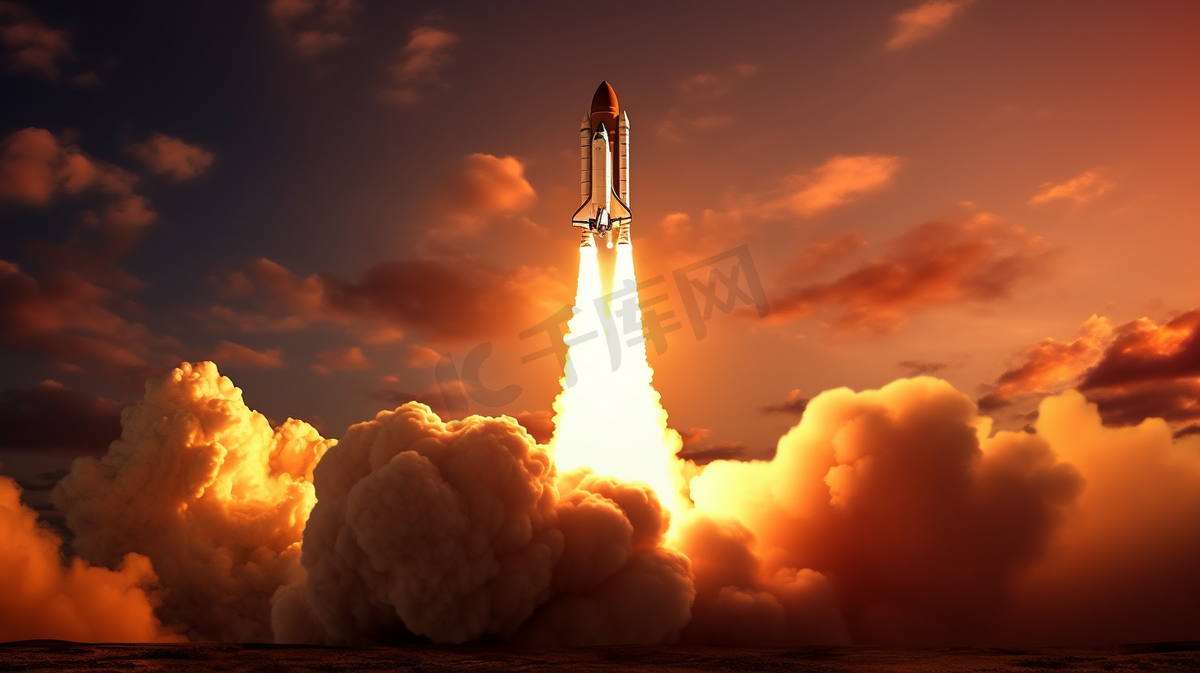 在红色火星日出的背景下，航天飞机火箭成功升空。带着烟雾和爆炸的飞船升入恒星的天空。太空旅行的概念
图片