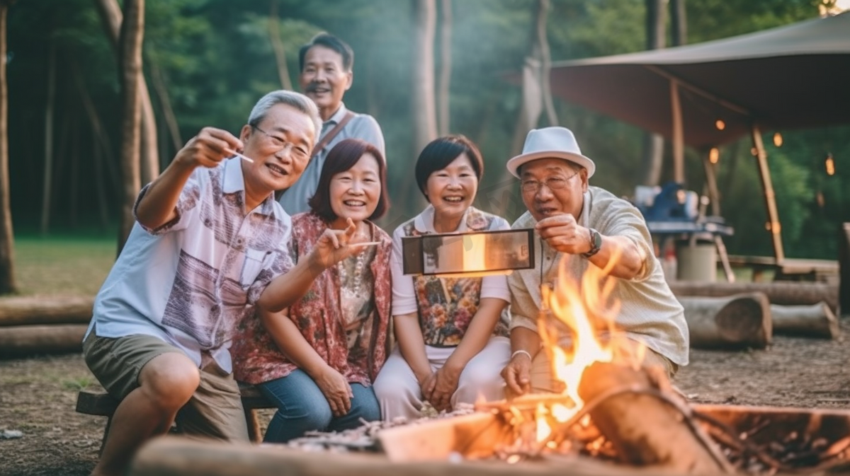 亚洲老人用智能手机给他的家人拍照，他们在湖边旅行和野餐，他们露营，用炉子烧烤，幸福的家庭活动图片