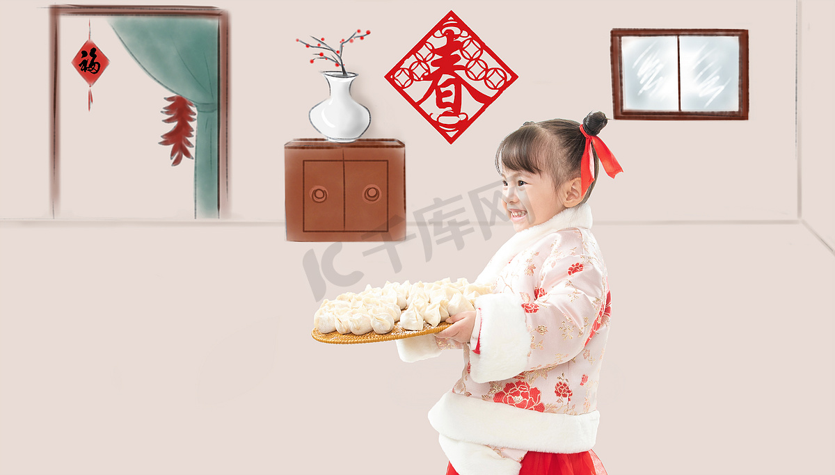 小女孩过年包饺子图片
