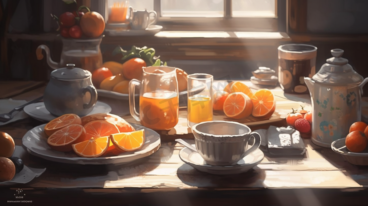 西餐早餐面包橙汁水果图片