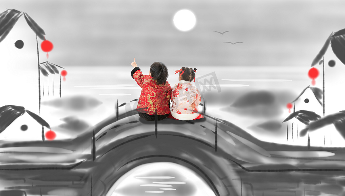 两个小朋友坐在桥上看月亮图片