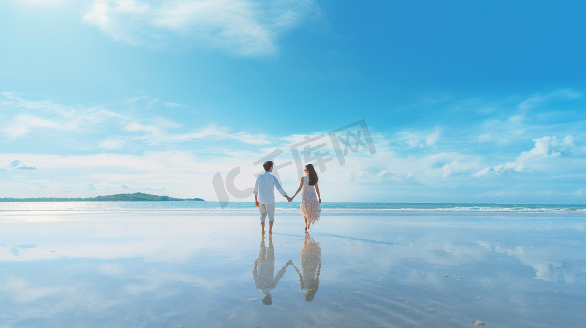 一对亚洲情侣的背景，手牵手在沙滩上奔跑图片