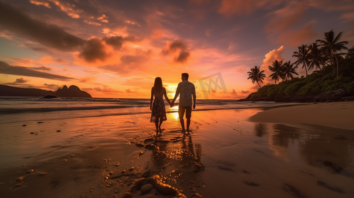 夕阳下沙滩上牵手的情侣图片