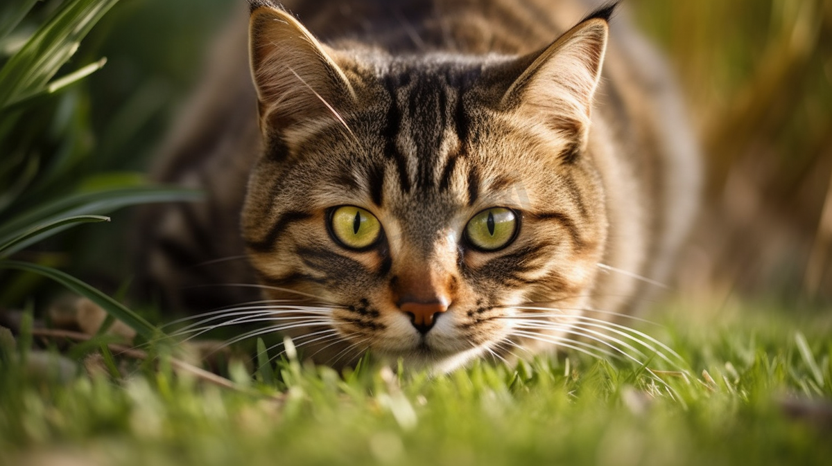躺在绿草地上的可爱虎斑猫图片