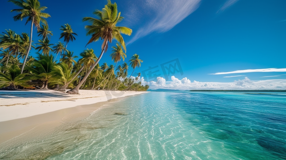 蓝天白云海边椰子树夏季海滩海浪超清晰的风景摄影图片