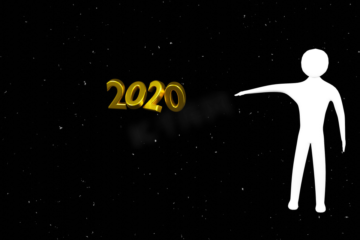 一个小白人指向数字 2020 的 3d 插图图片