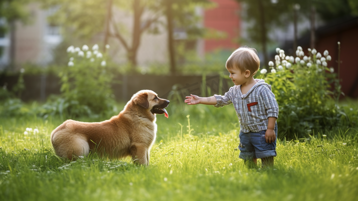 一个孩子在草坪上和狗玩耍图片