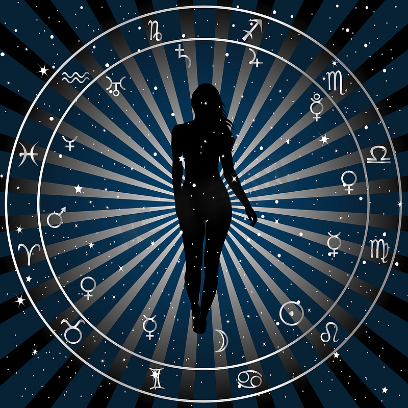 占星术黄道带星座背景与女人的轮廓。图片