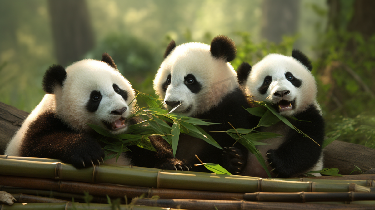竹林里有一群国宝大熊猫在玩耍图片