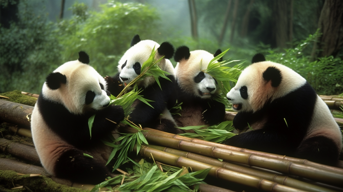 竹林里有一群国宝大熊猫在玩耍图片