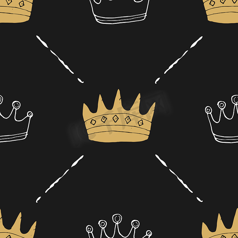 皇冠无缝图案，手绘皇家涂鸦背景，矢量图解图片