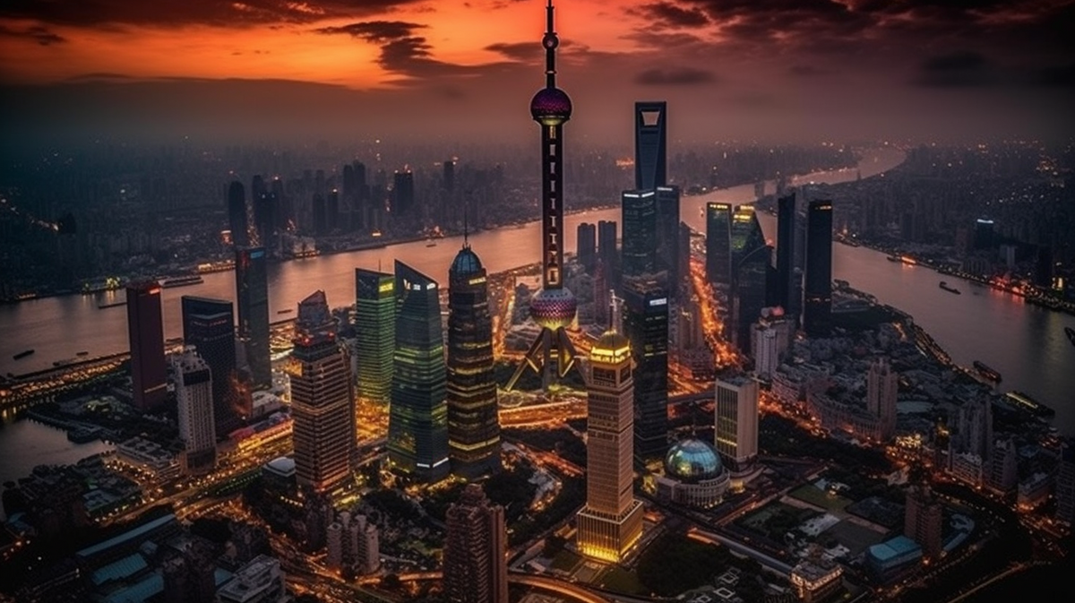 上海繁华的浦东新区日落夜景图片