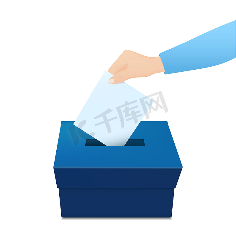 选举投票箱模板，用手将空白选票放入投票箱矢量。图片