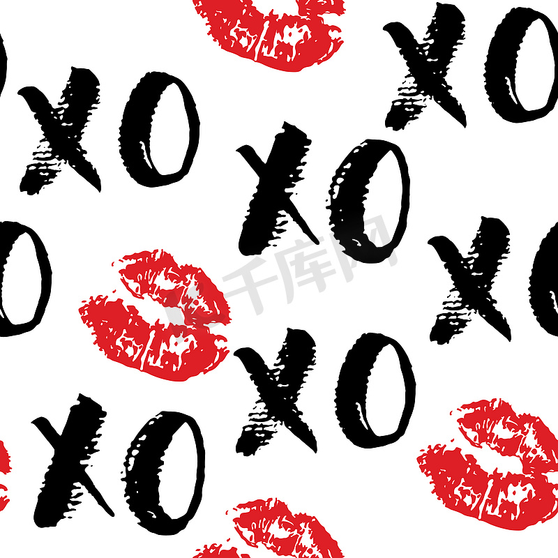 XOXO 毛笔字母标志无缝图案，Grunge calligraphiv c 拥抱和亲吻短语，互联网俚语缩写 XOXO 符号，在白色背景上隔离的矢量插图图片