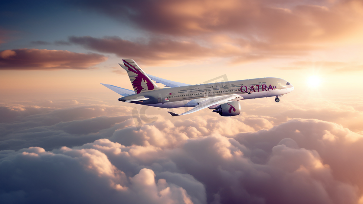 卡塔尔航空公司一架飞机在红色云层编队下飞行图片
