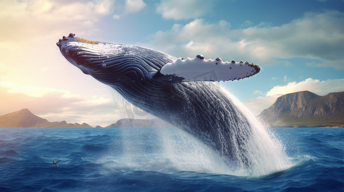 一头鲸鱼正从水里跳出来图片