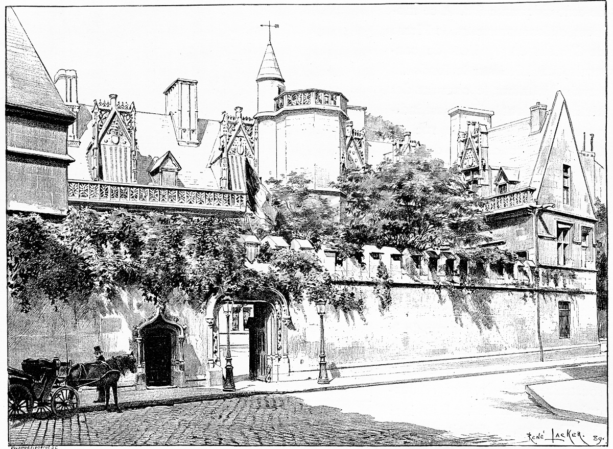 Hotel de Cluny 的入口，街道 Sommerard，复古 engrav图片