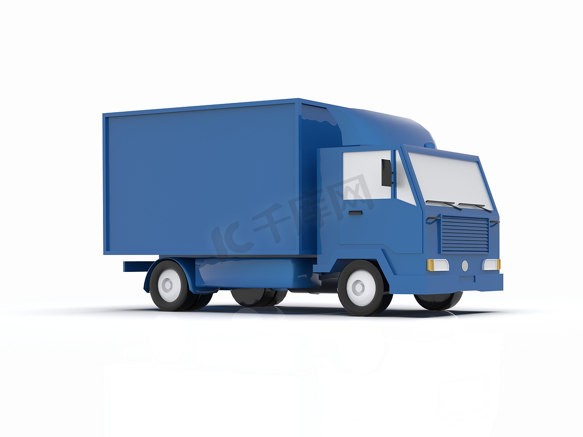 白色背景上的蓝色玩具商业送货卡车图片