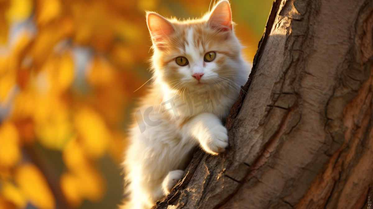棕色树上的白猫和棕猫图片