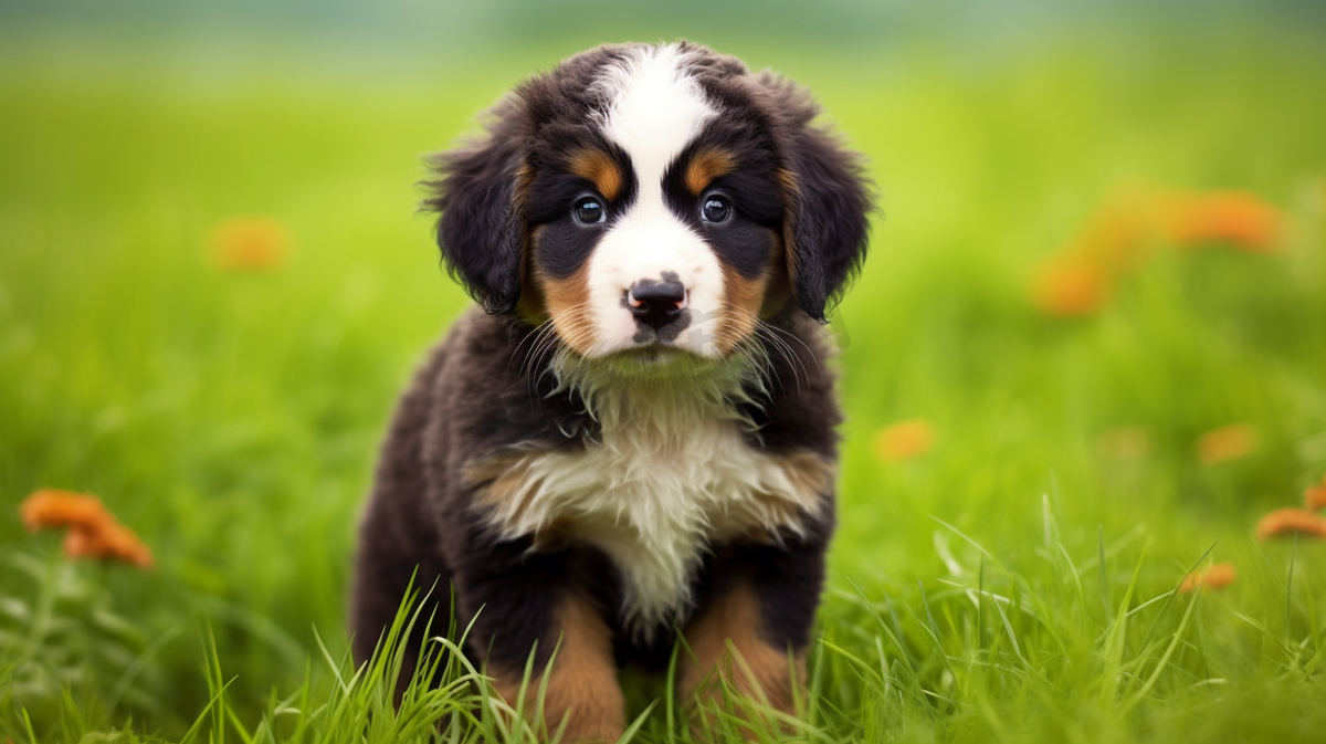 白天，黑色、白色和棕色的伯恩山犬幼犬在绿色的草地上图片