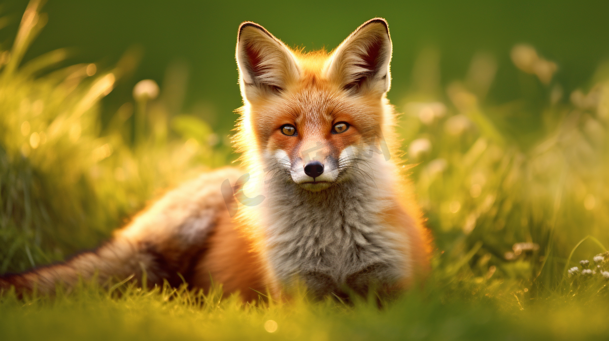 一只坐在草地上的狐狸图片