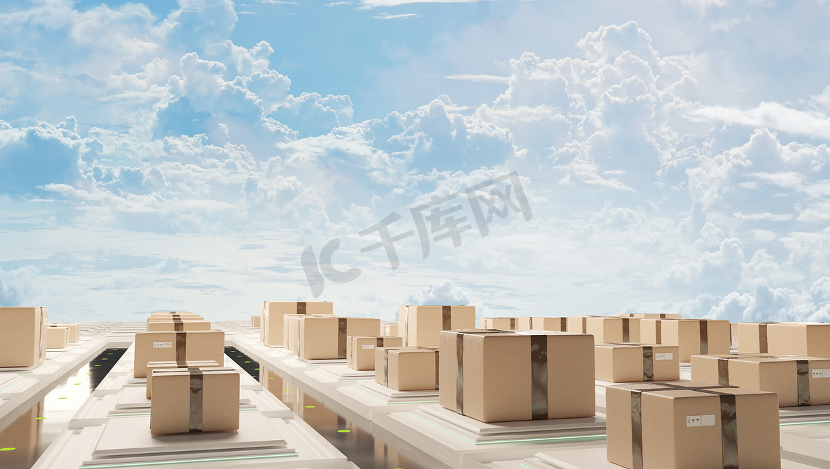运输物流包裹和多云的天空 3d 插图图片
