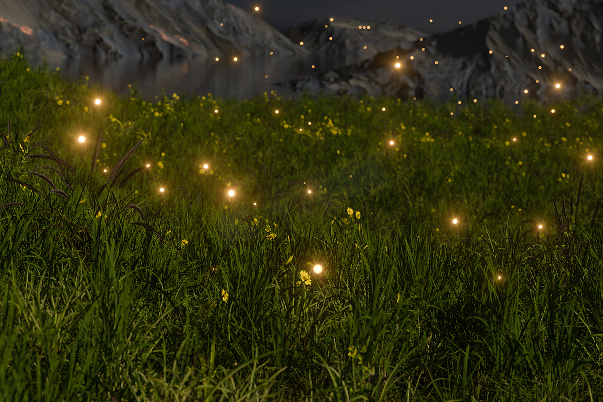 在草地上飞舞的萤火虫，3d 渲染。图片