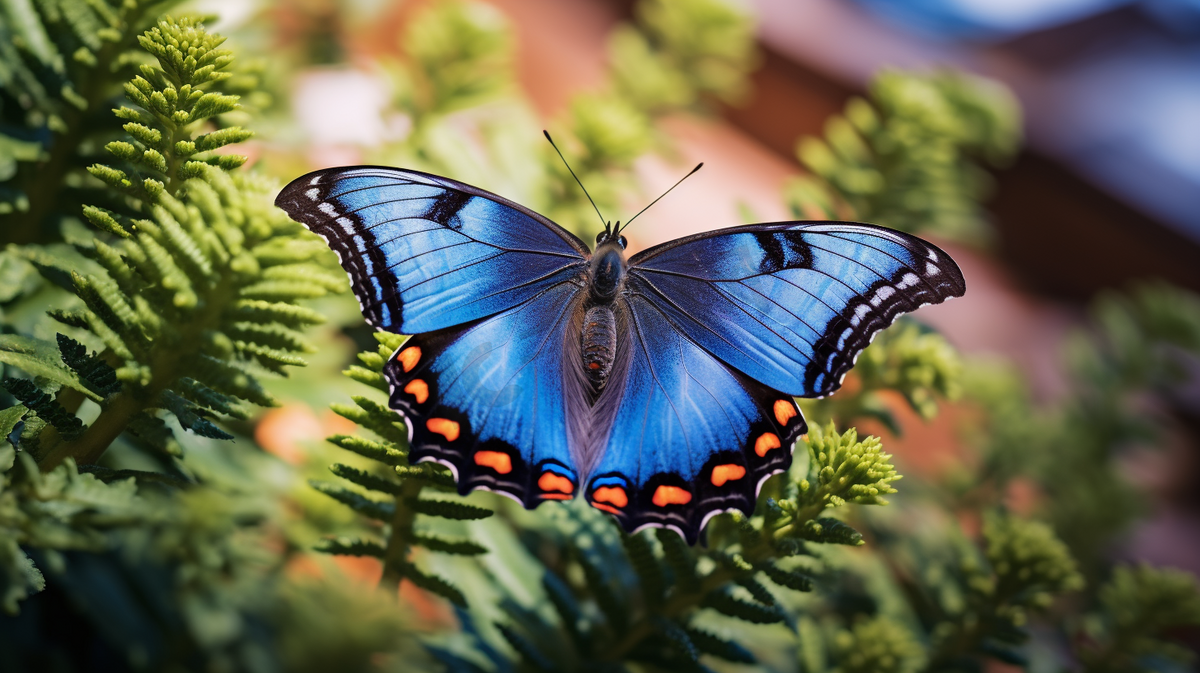 一只黑蓝相间的蝴蝶坐在植物的顶端图片
