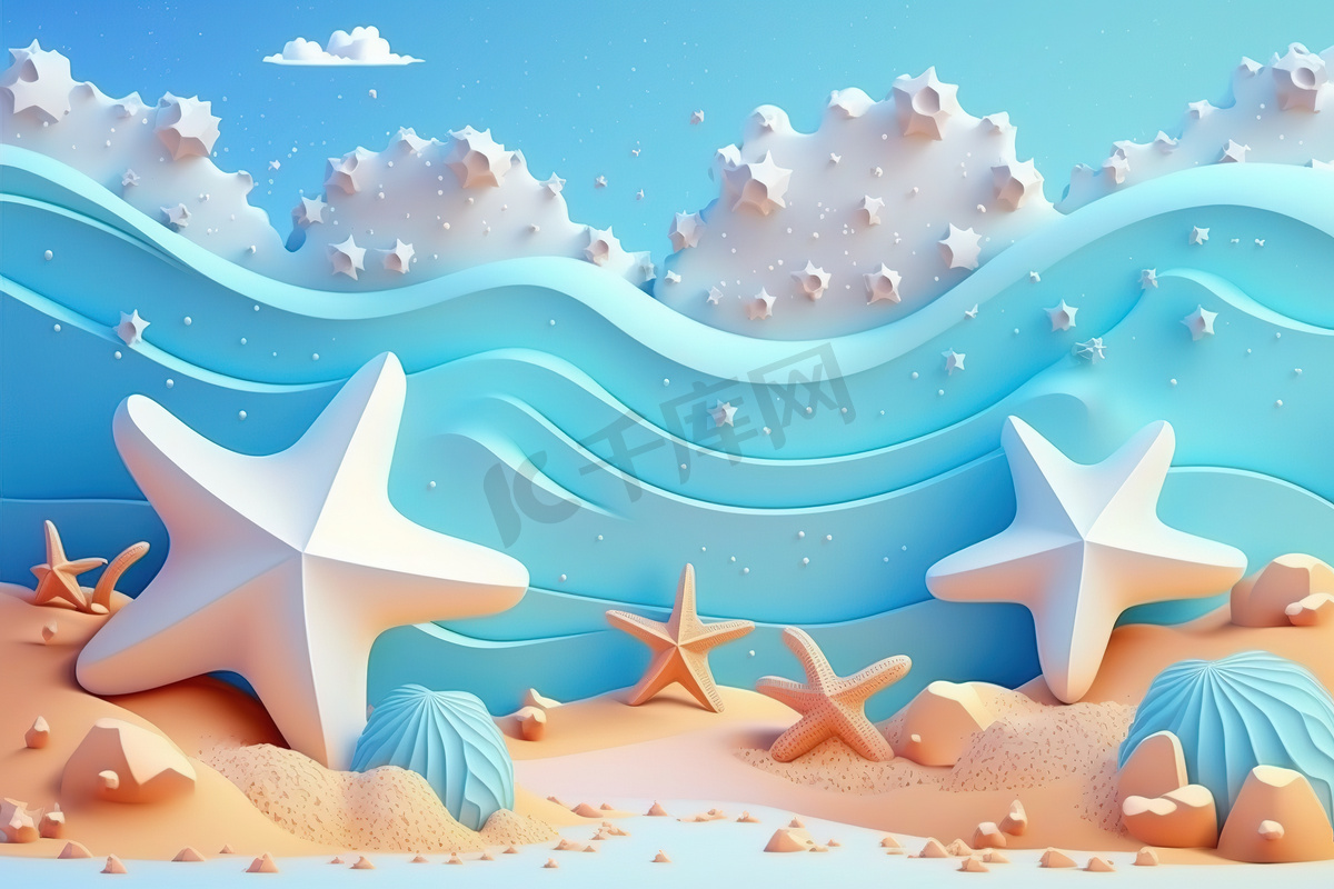 3D 海滩场景背景与海星和贝壳。图片