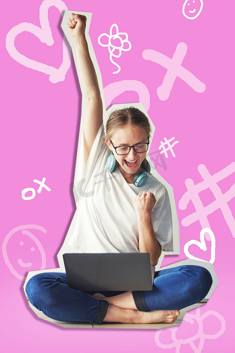 教育、庆祝活动和笔记本电脑，壁纸背景上有一名女学生，以促进学习。图片
