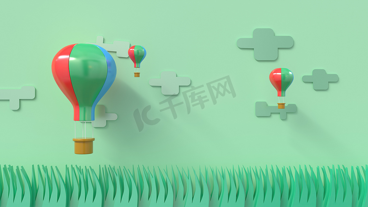 3d 渲染，3d 插画，漂浮在草地上空的气球，3d 渲染剪纸，图形 3d 插画图片