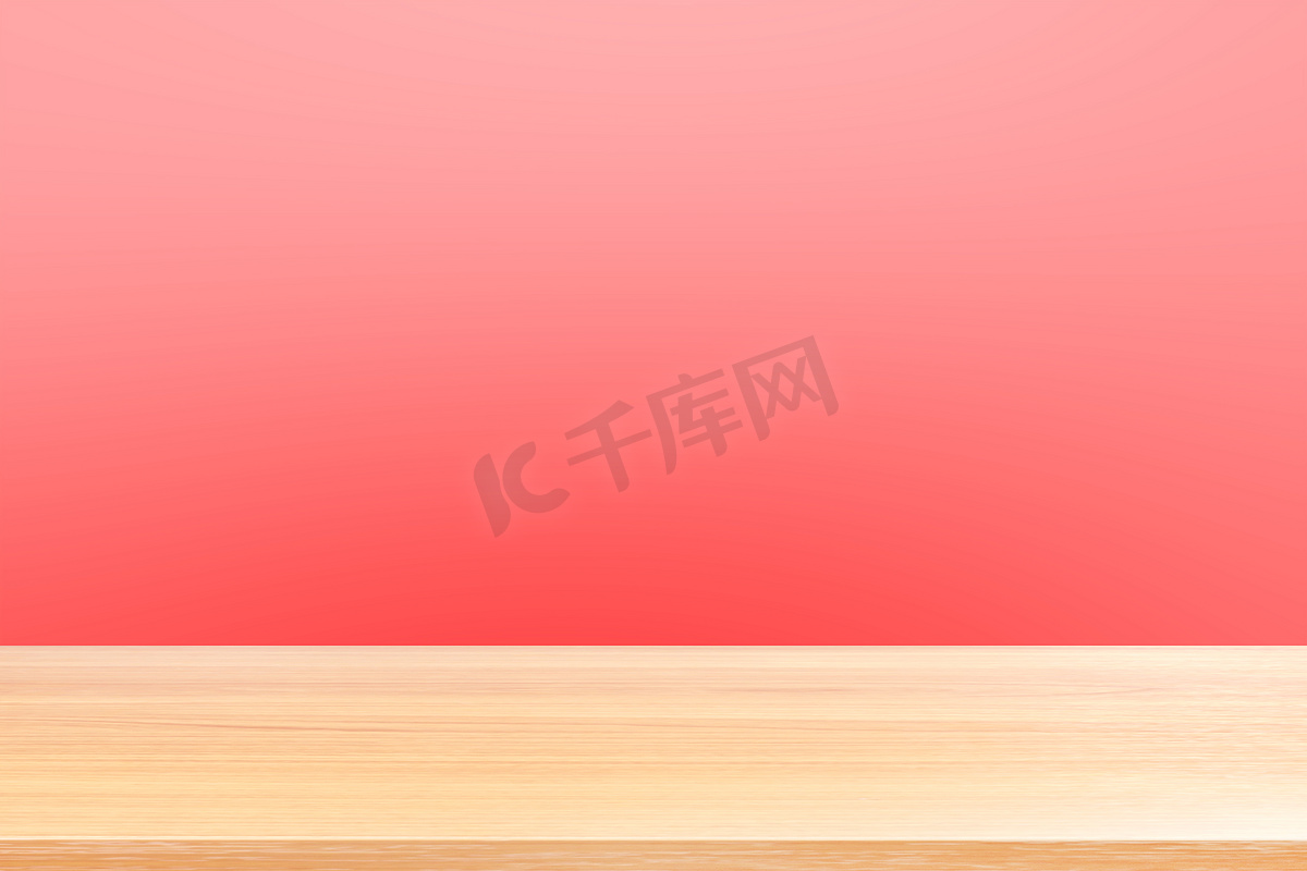 渐变红色软背景上的空木桌地板，木桌板空前彩色渐变红色，浅红色渐变上的木板空白，用于展示产品或横幅广告图片