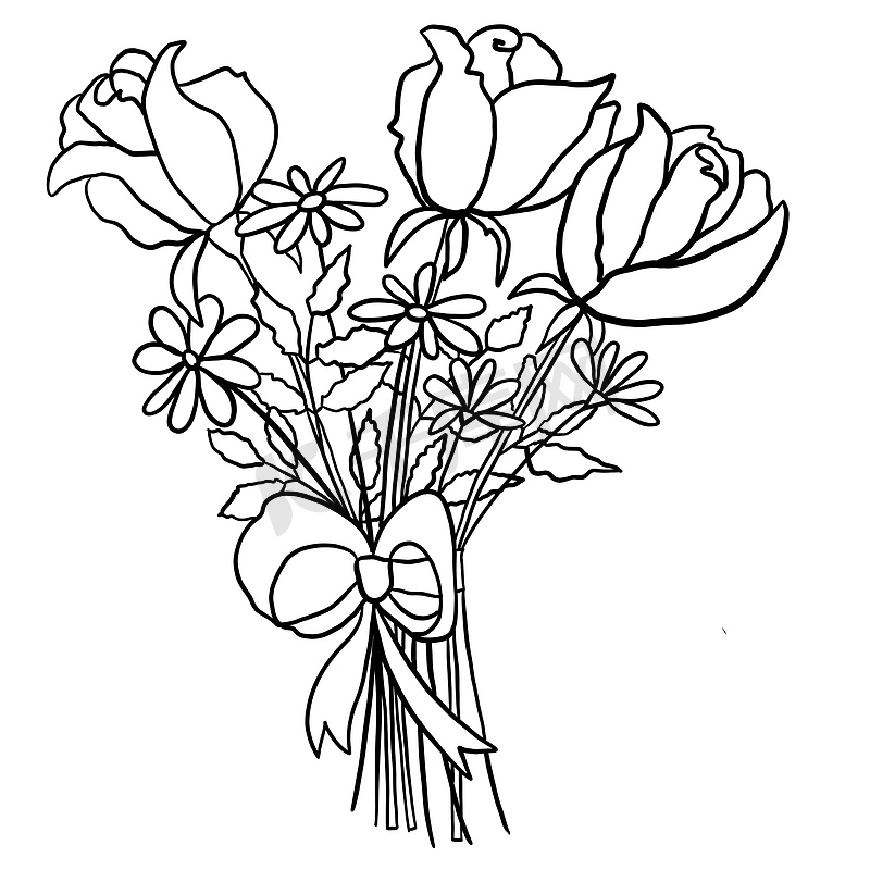 手绘花卉花叶插画，黑白优雅婚礼装饰品，线条艺术极简主义纹身风格设计夏春自然枝叶开花。图片
