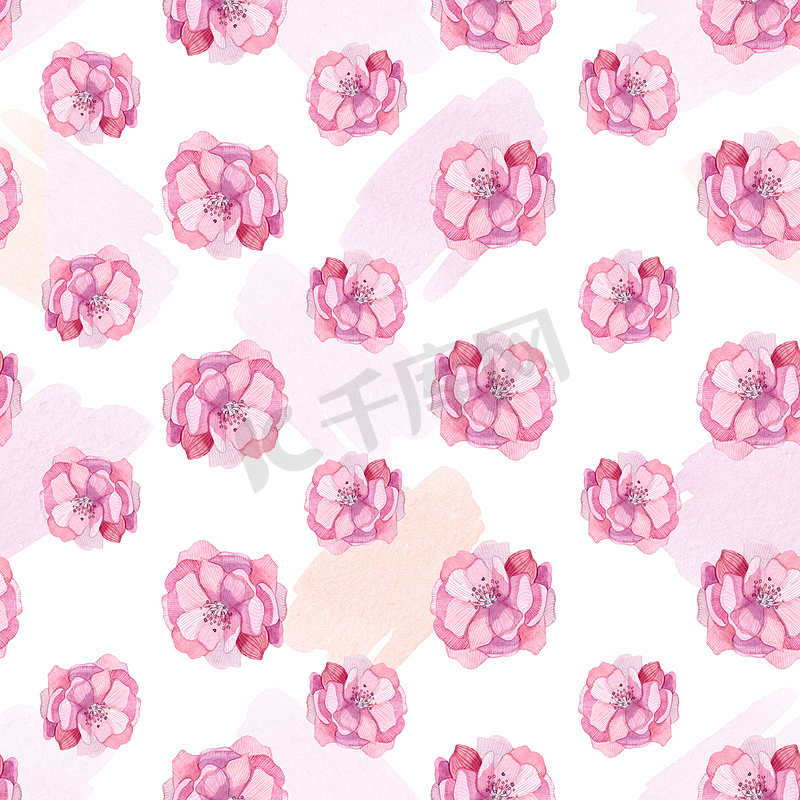 水彩手绘粉色花朵无缝图案白色背景。图片