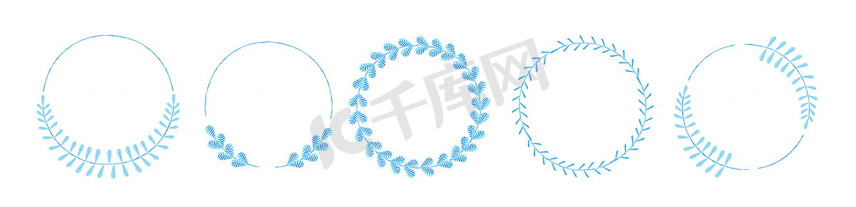 一组不同的蓝色轮廓圆形卡通花环，描绘了奖项、成就、纹章、贵族、徽章。图片