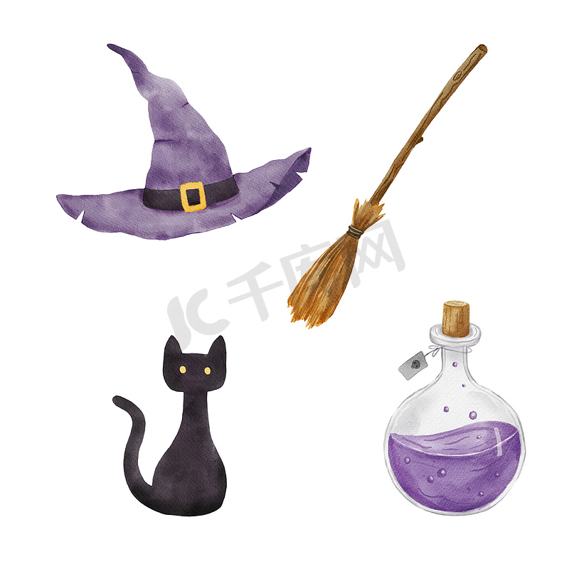 带有紫色毒药、女巫帽和黑猫的水彩魔法烧瓶。图片